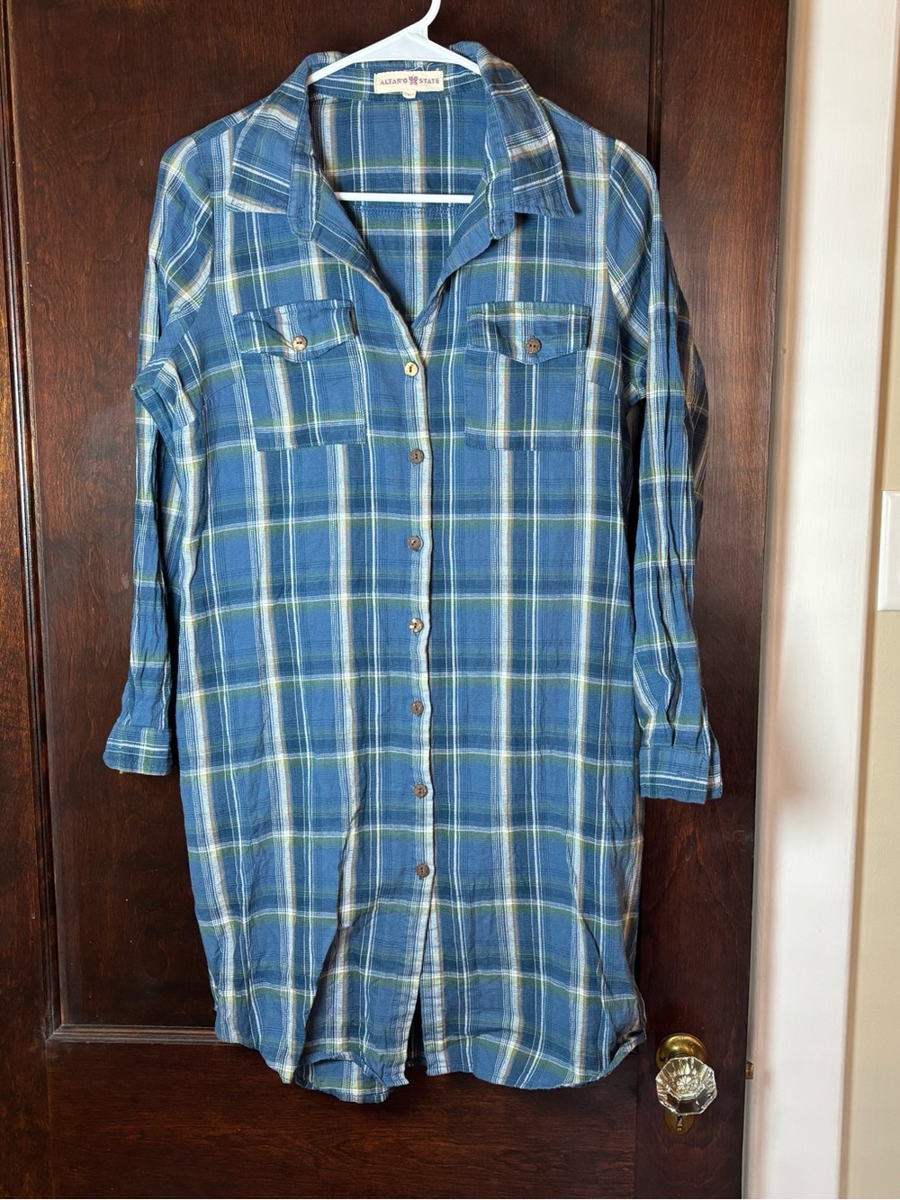Altar’d State Dress Large Blue 100% Cotton Plaid Collared Button Shirt Dress